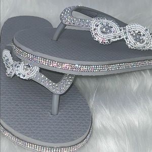 Grey Crystal Rhinestone Flip Flops Youth| Wedding| Flower Girl Beach Sandals